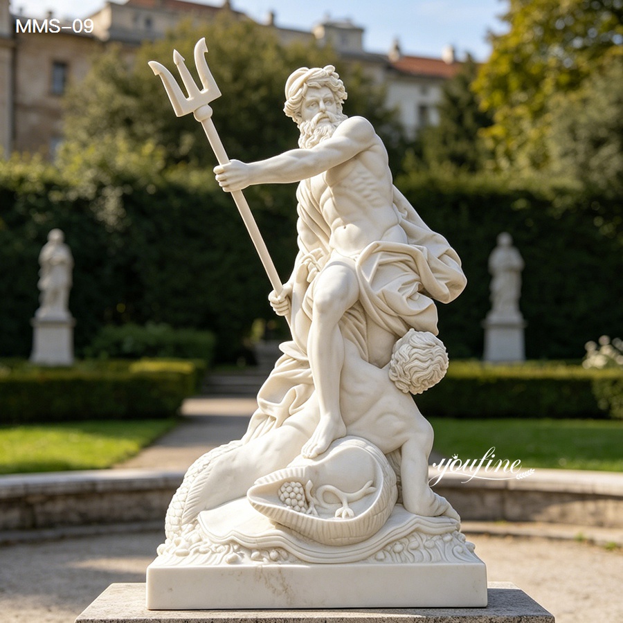 Elegant white marble statue of Neptune holding a trident, displayed in a landscaped garden with statues and greenery in the background.