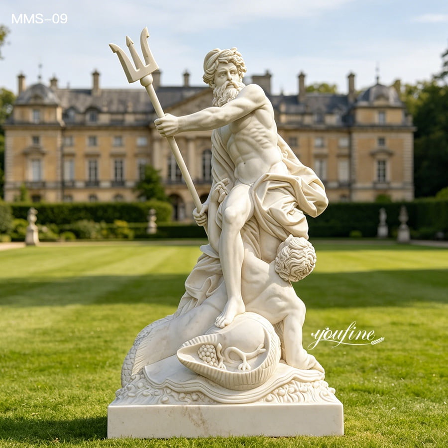 Elegant marble statue of Neptune holding a trident, displayed in a lush green garden setting with a historic home in the background.