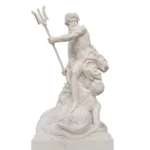 A detailed marble statue of Neptune holding a trident, standing on a defeated figure and sea creature, showcasing fine craftsmanship.