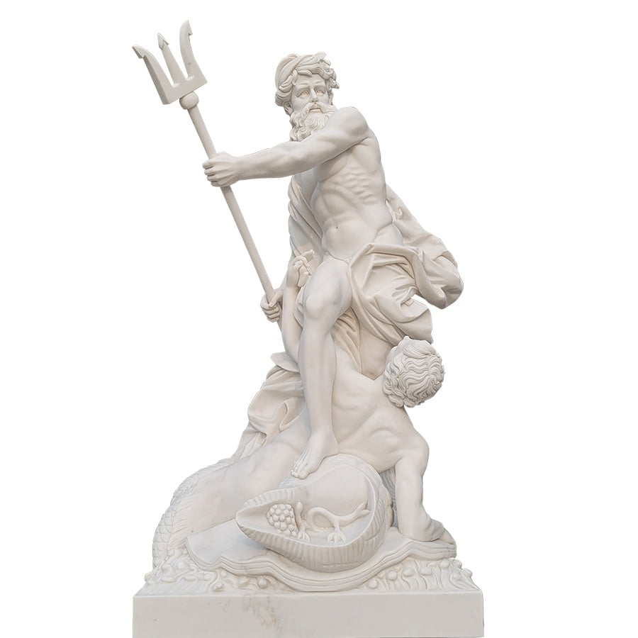 A detailed marble statue of Neptune holding a trident, standing on a defeated figure and sea creature, showcasing fine craftsmanship.