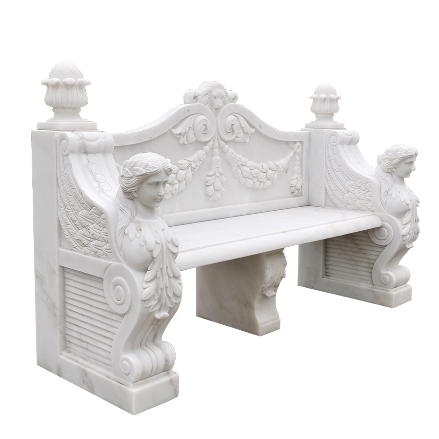 White marble bench featuring intricate carvings, floral patterns, and winged figures with a refined, classical design.