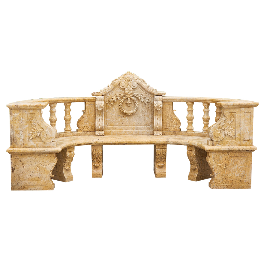 A luxurious curved marble bench with ornate carvings, decorative balusters, and a central floral motif, showcasing classical design.
