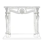 Line drawing of an ornate marble fireplace featuring floral motifs and elegant curves on a flat base.