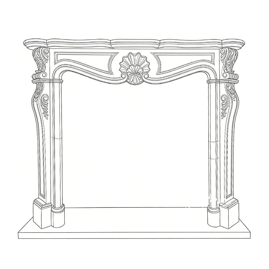 Line drawing of an ornate marble fireplace featuring floral motifs and elegant curves on a flat base.