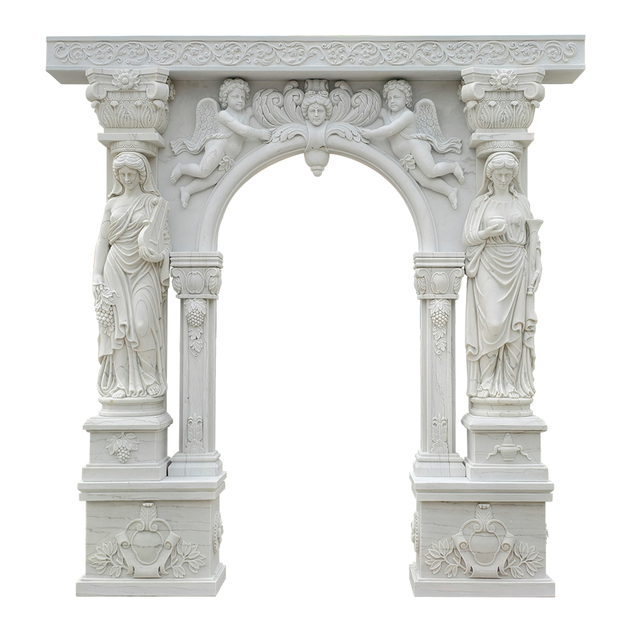 An intricately carved white marble arch featuring ornate details, two female figure sculptures on either side, and cherubic carvings above.