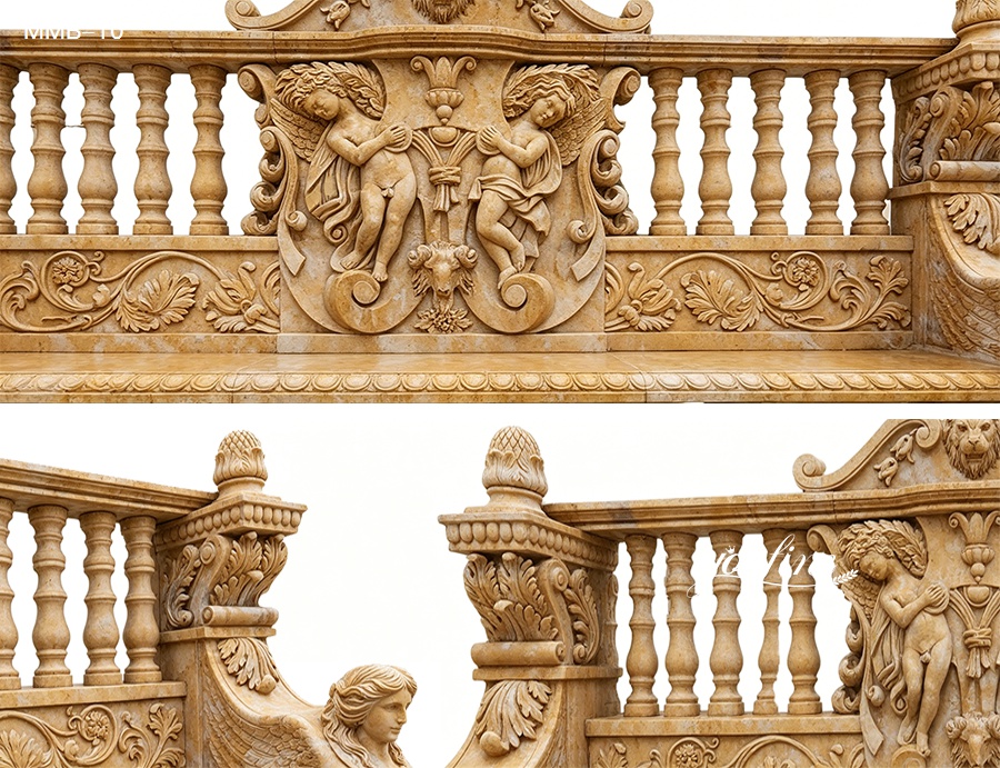 Elaborately carved marble balustrade featuring angelic reliefs, intricate floral patterns, and classical design elements.
