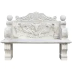 Elegant marble bench featuring intricate carvings of birds, foliage, and decorative motifs, designed for luxury spaces.