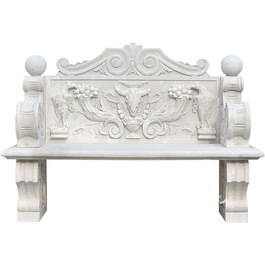 Elegant marble bench featuring intricate carvings of birds, foliage, and decorative motifs, designed for luxury spaces.