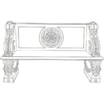 Detailed illustration of a marble bench featuring intricate floral carving and classical motifs on the backrest and legs.