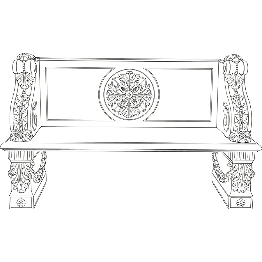 Detailed illustration of a marble bench featuring intricate floral carving and classical motifs on the backrest and legs.