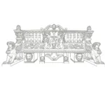 Detailed design sketch of an ornate marble bench featuring intricate carvings of cherubs, lions, and sphinxes in a classical style.