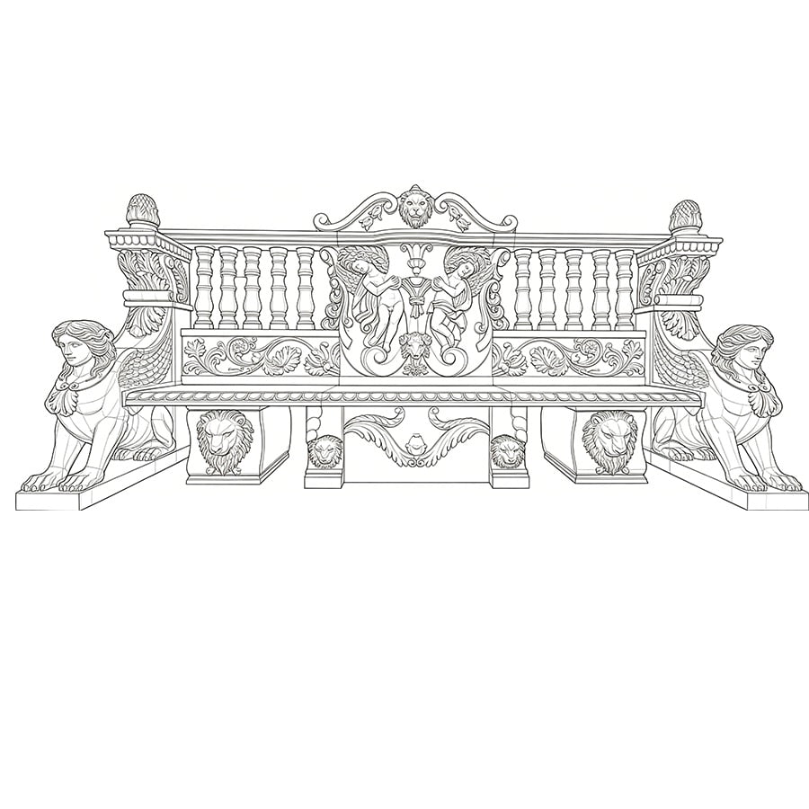 Detailed design sketch of an ornate marble bench featuring intricate carvings of cherubs, lions, and sphinxes in a classical style.
