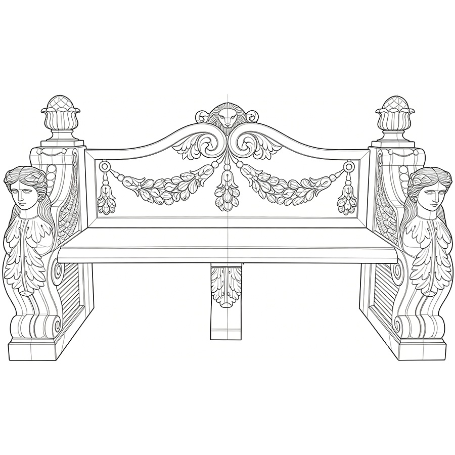 Line art design of an ornate marble bench featuring intricate carvings of leaves, scrolls, and decorative embellishments.