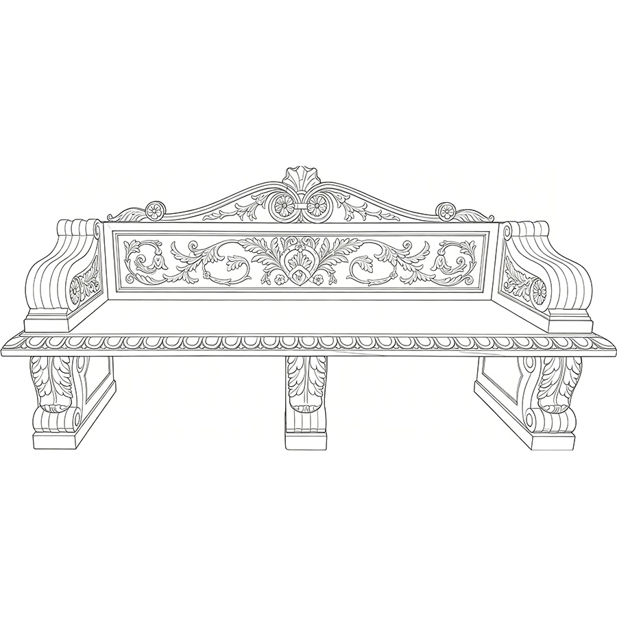 Intricate line drawing of an ornate marble bench featuring decorative carvings, floral motifs, and classical curved accents.