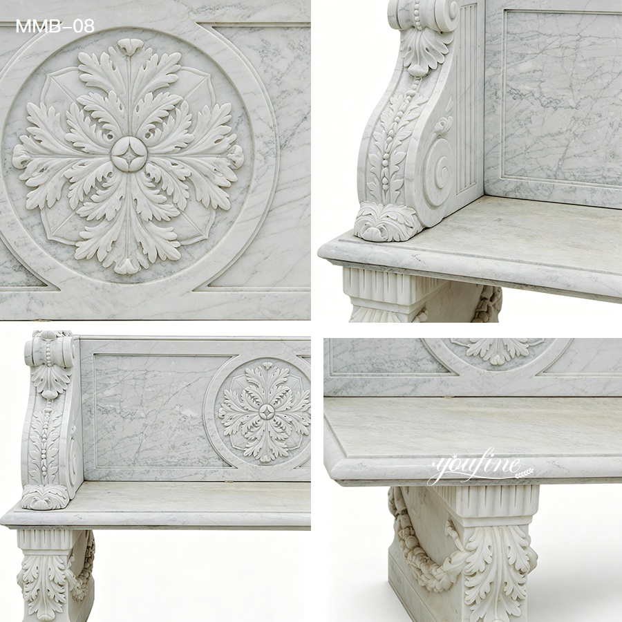 Elegant marble bench featuring intricate floral carvings, high-quality craftsmanship, and ornate decorative elements.