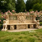 Ornate marble bench with intricate carvings, including cherubs and lion figures, set in a lush garden with blooming roses.