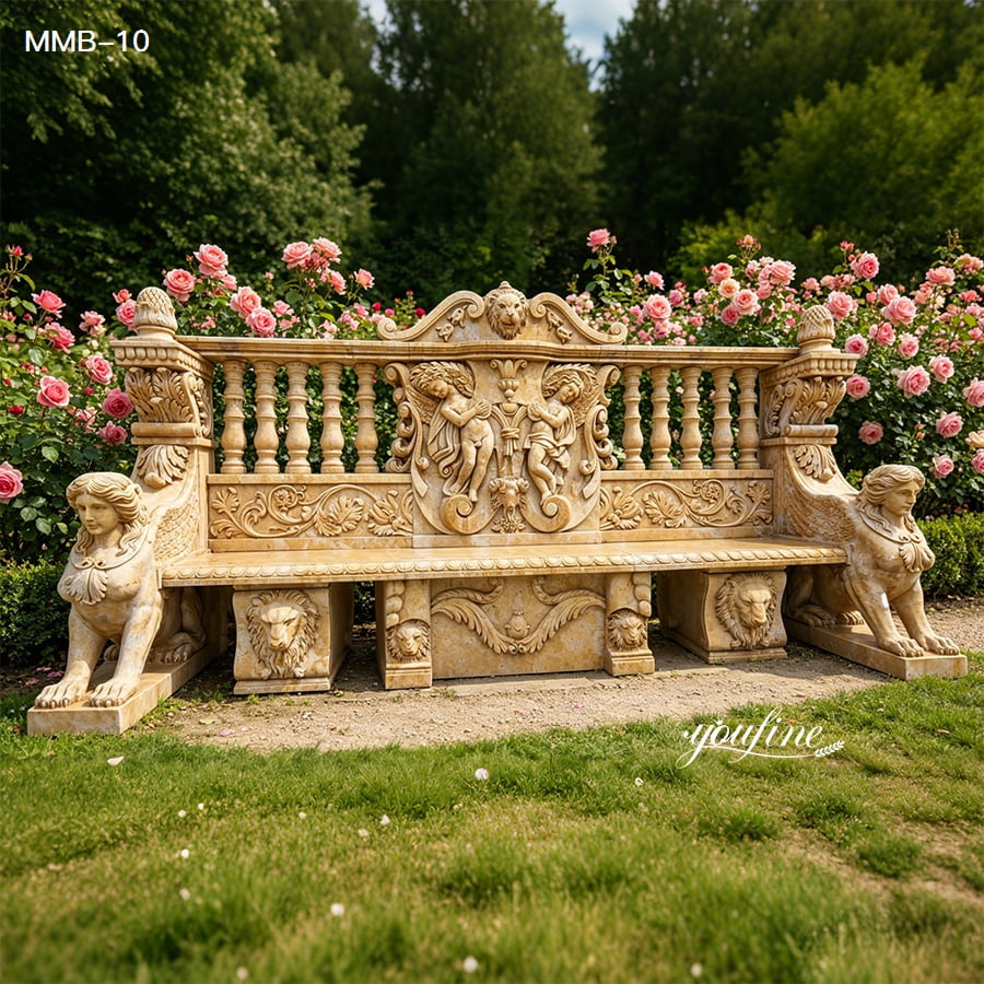 Ornate marble bench with intricate carvings, including cherubs and lion figures, set in a lush garden with blooming roses.