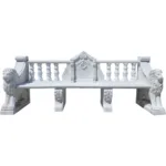 Intricately carved marble bench featuring detailed lion sculptures on the sides, baluster accents, and decorative backrest.