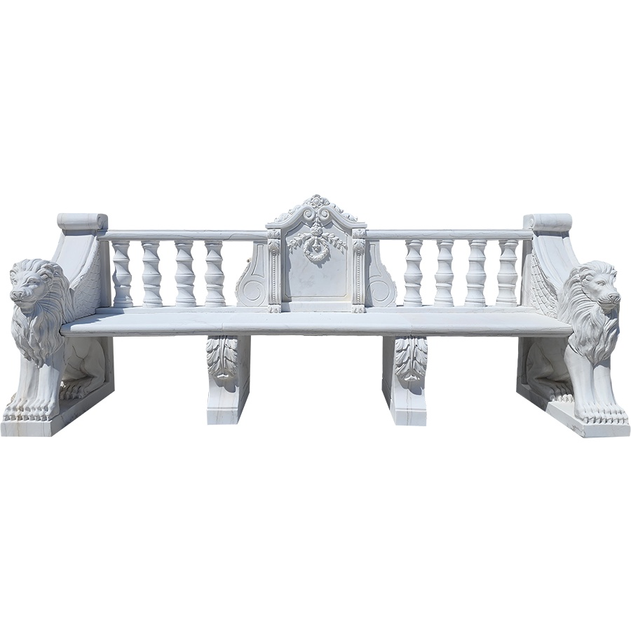 Intricately carved marble bench featuring detailed lion sculptures on the sides, baluster accents, and decorative backrest.