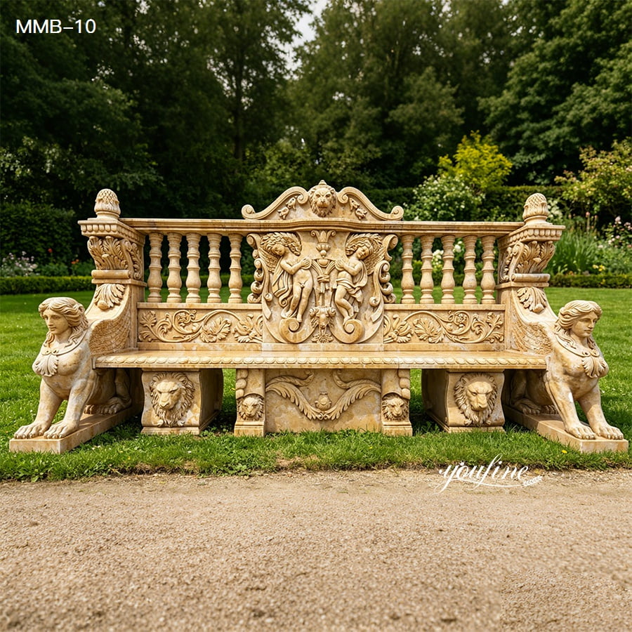 An elegant marble bench featuring intricate carvings, sphinx sculptures, and cherub motifs, placed in a lush garden setting.