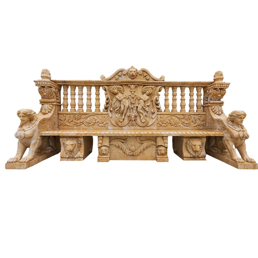 Elegant marble bench featuring intricate carvings, winged sphinx sculptures, and ornate decorative motifs in a classical design.