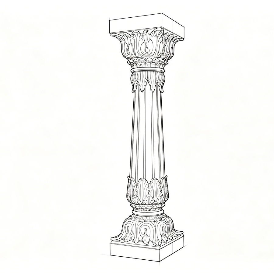 Detailed sketch of an ornate marble column with intricate carvings and fluted design, ideal for classical architecture.