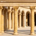 Elegant marble columns with carved capitals arranged in a classical architectural style, bathed in warm sunlight.