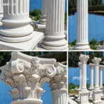 Four marble columns featuring intricate relief designs and elegant bases, set outdoors against a blue background with greenery.