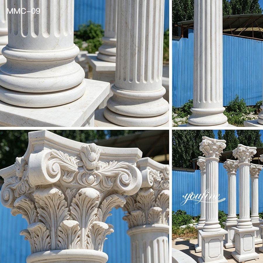 Four marble columns featuring intricate relief designs and elegant bases, set outdoors against a blue background with greenery.