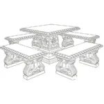 Line drawing of an ornate marble dining set featuring a central table and four benches with intricate floral and geometric carvings.