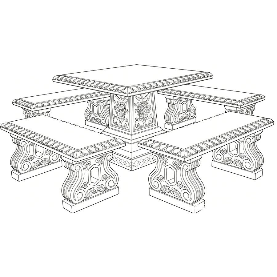 Line drawing of an ornate marble dining set featuring a central table and four benches with intricate floral and geometric carvings.