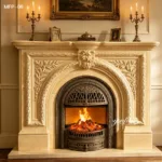 Elegant marble fireplace featuring intricate floral and decorative carvings, with a glowing fire surrounded by ornate metal detailing.