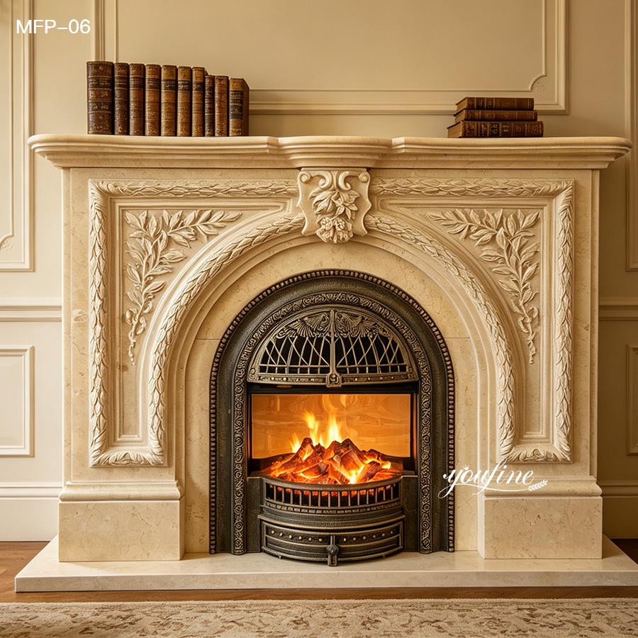 Luxurious marble fireplace with intricate floral and leaf carvings, glowing logs in metal frame, and classic books on top.