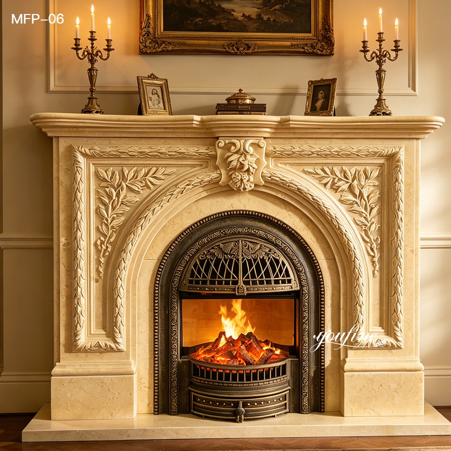 Elegant marble fireplace featuring intricate floral and decorative carvings, with a glowing fire surrounded by ornate metal detailing.