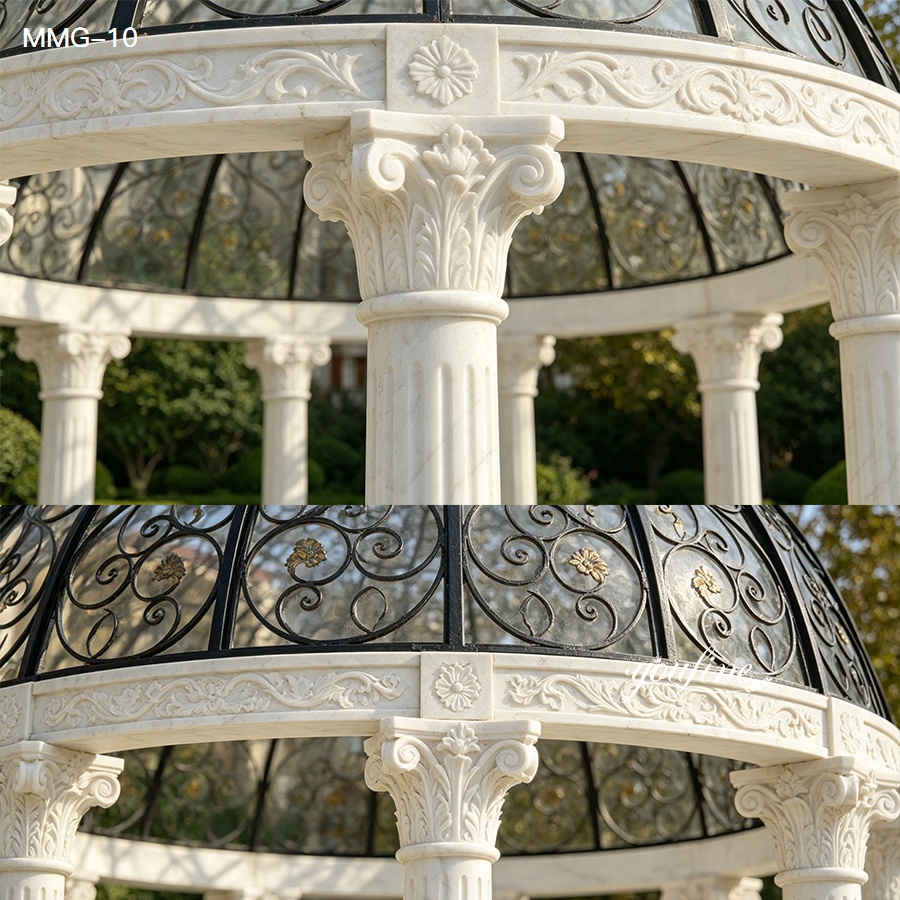 Close-up view of a marble gazebo showcasing intricately carved floral columns and decorative wrought iron dome in a garden.