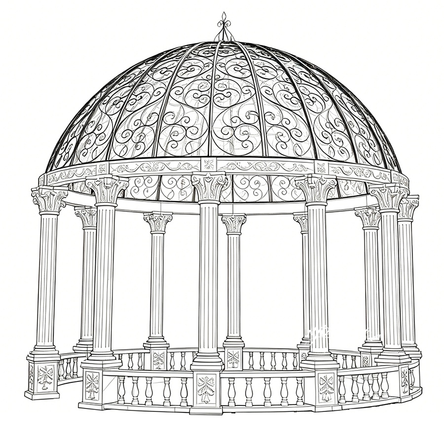Lineart depiction of an ornate marble gazebo featuring a detailed dome with scrollwork patterns and classic columns.