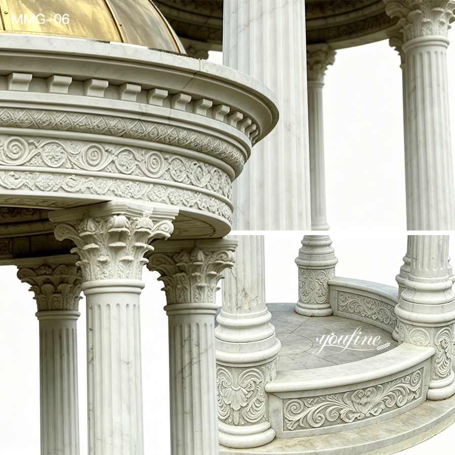 Intricately carved marble pavilion showcasing detailed columns, floral motifs, and elegant craftsmanship, ideal for decorative purposes.