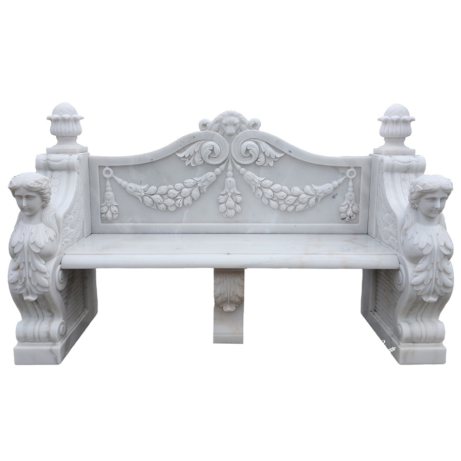 Elegant white marble bench featuring intricate floral and scrollwork carvings on the backrest, armrests, and legs.
