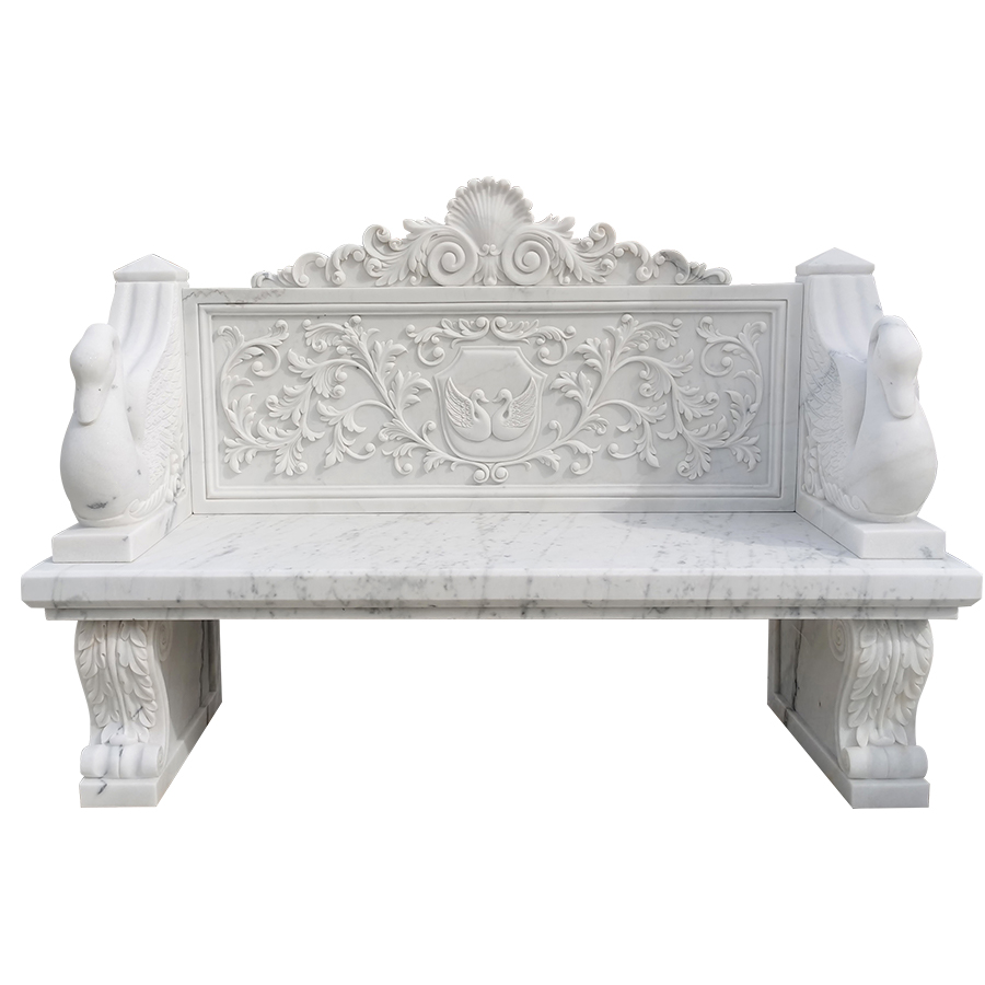 Exquisite white marble bench featuring ornate carvings of swans, intricate floral patterns, and decorative accents.