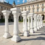A row of ornate white marble columns with intricate carvings displayed in a spacious, elegant plaza near a classical-style building.