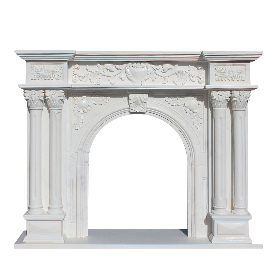 Ornate white marble fireplace featuring intricate floral and scrollwork carvings, flanked by decorative columns.