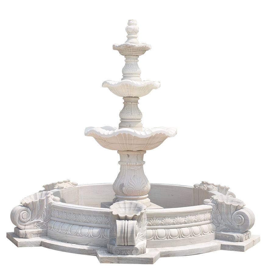Three-tier white marble fountain with intricate carvings and floral details, ideal for enhancing luxury gardens.