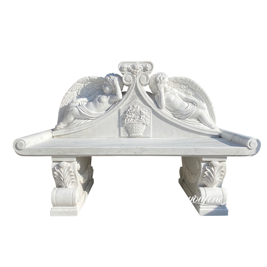 Exquisite white marble bench featuring detailed angel carvings and floral accents, ideal for luxury outdoor or indoor settings.