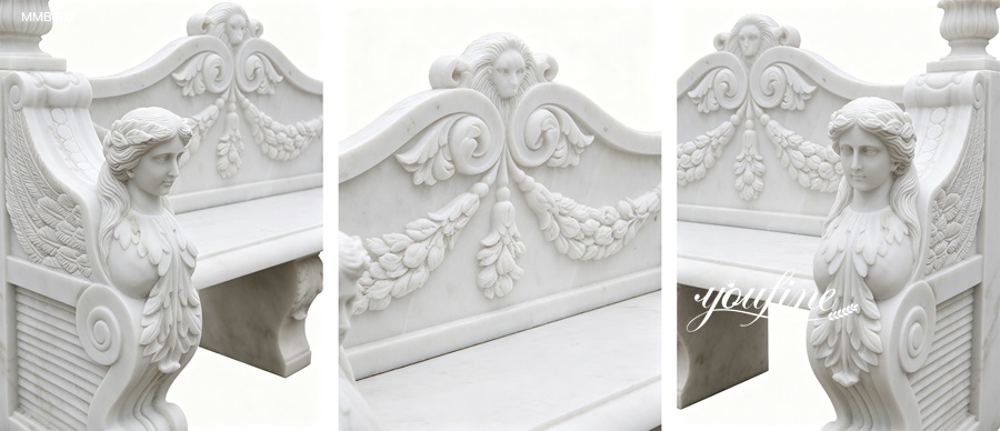 A white marble bench featuring intricate floral and ornamental carvings, including sculpted female figures and detailed acanthus patterns.