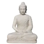 White marble Buddha statue in a meditative seated pose with flowing robes, finely detailed craftsmanship, and serene posture.
