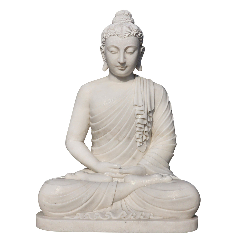 White marble Buddha statue in a meditative seated pose with flowing robes, finely detailed craftsmanship, and serene posture.