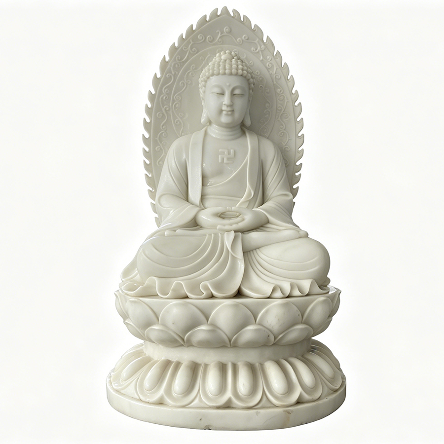 A meticulously carved white marble Buddha statue seated in a lotus position with ornate detailing and a serene aura.