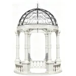 An elegant white marble gazebo featuring intricately carved columns, floral motifs, and a black wrought iron dome.