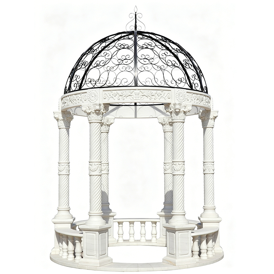 An elegant white marble gazebo featuring intricately carved columns, floral motifs, and a black wrought iron dome.