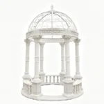 Intricately crafted white marble gazebo featuring ornately carved columns and a decorative wrought-iron dome.